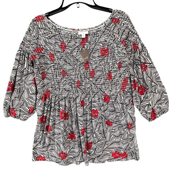 J Jill Smocked Top Womens M Black White Red Floral On Off Shoulder Blouse NEW - Picture 2 of 16